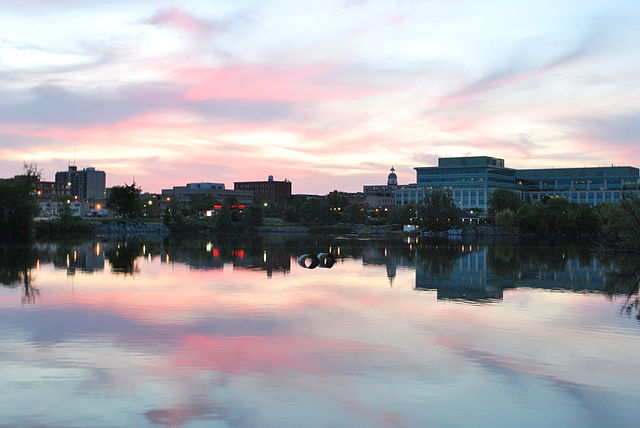 Downtown Peterborough, Ontario at dusk in June 2009